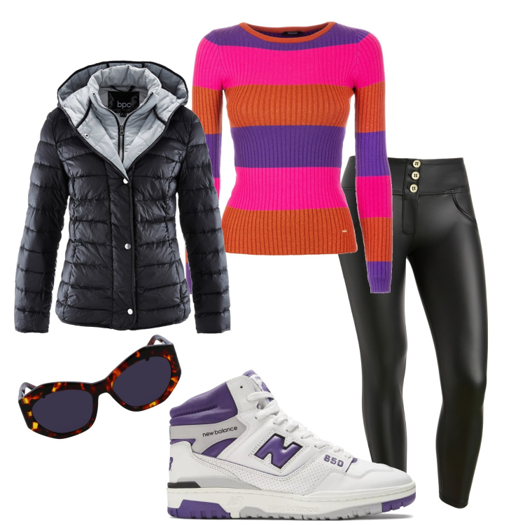 Outfit donna - Le sneakers alte. Stile Basic per Tutti i giorni. Abbinamento con piumini, sneakers, maglieria, pantaloni skinny, occhiali da sole.