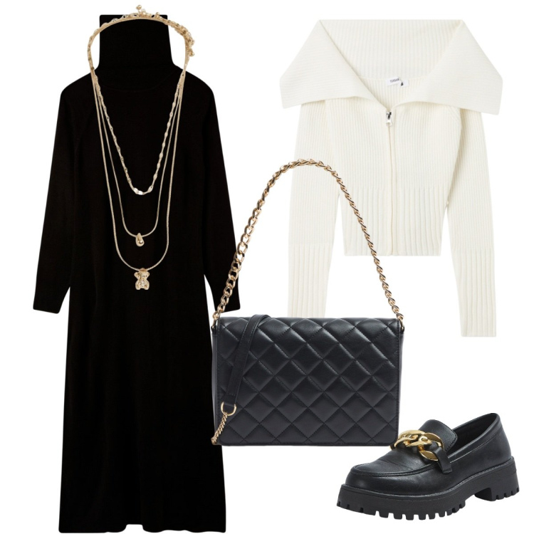 Outfit donna - Black Friday Terranova. Stile Casual per Tutti i giorni. Abbinamento con cardigans, vestiti lunghi, ciondoli, mocassini, borse a tracolla.