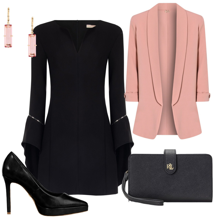 Outfit donna - Cena di lavoro. Stile Glamour per Serata fuori. Abbinamento con vestiti midi/longuette, blazer, décolleté, pochette, orecchini.