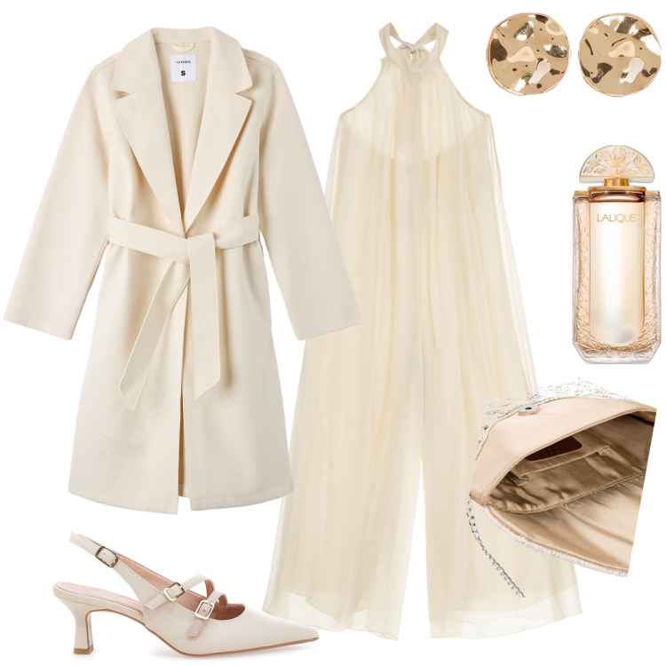 Outfit donna - Serata color panna. Stile Chic per Serata fuori. Abbinamento con pochette, profumi, cappotti, tute, décolleté, orecchini.