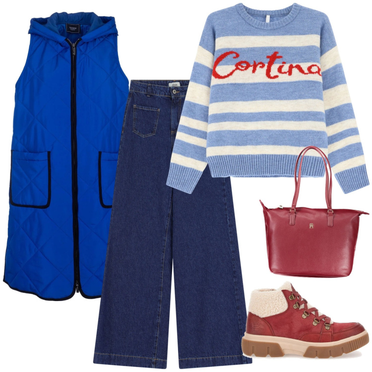 Outfit donna - Montagna in città. Stile Urban per Tutti i giorni. Abbinamento con jeans, blazer, maglieria, stivaletti, borse a spalla.