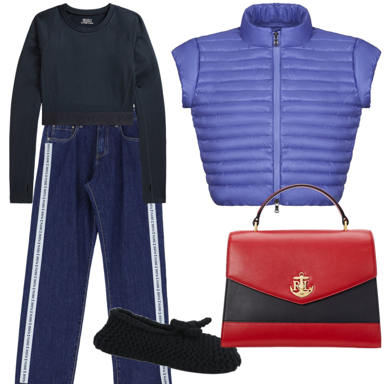 Outfit donna - Un mix di stili. Stile Sporty chic per Tutti i giorni. Abbinamento con ballerine, jeans dritti, pullovers, borse a mano, blazer.