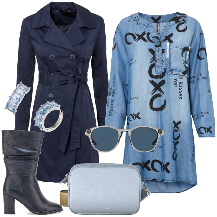 Outfit donna - Total look #2001705. Stile Casual per Tutti i giorni. Abbinamento con vestiti, trench, orecchini, occhiali da sole, stivali, borse a tracolla.
