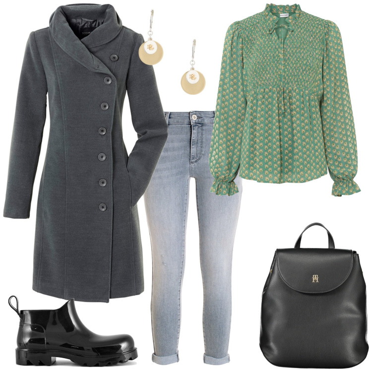 Outfit donna - Total look #2001706. Stile Casual per Ufficio. Abbinamento con cappotti, bluse, jeans, orecchini, stivali, zaini.