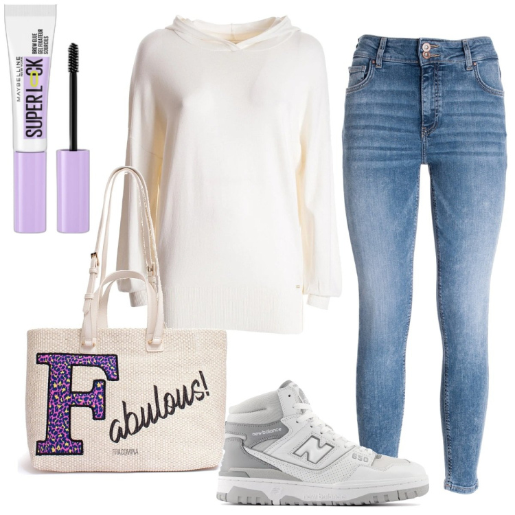 Outfit donna - Vita alta e sneakers. Stile Casual per Scuola/Università. Abbinamento con mascara, sneakers, maglieria, jeans skinny, borse a tracolla.