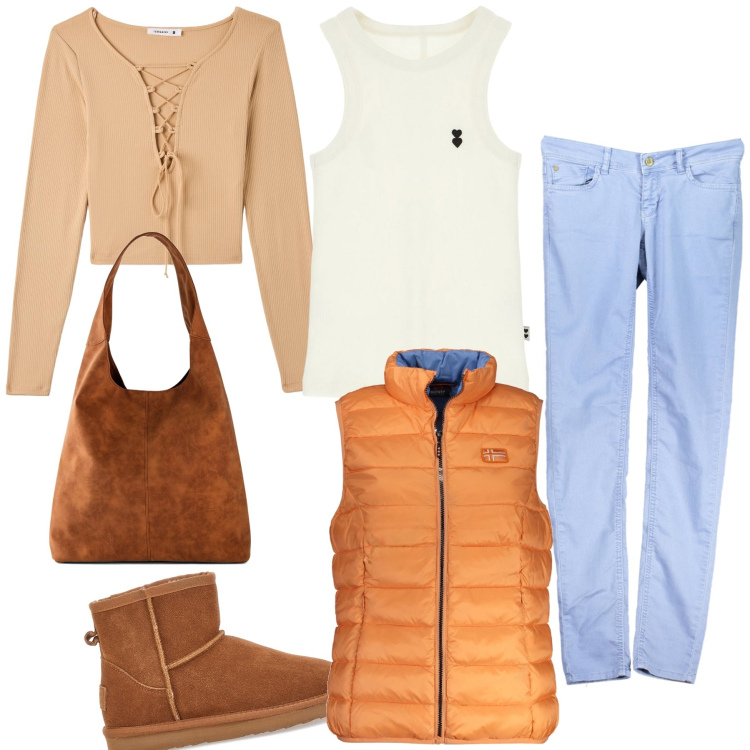 Outfit donna - Total look. Stile Casual chic per Tutti i giorni. Abbinamento con shopping bag, t-shirt, canottiere, stivaletti, pantaloni skinny, blazer.