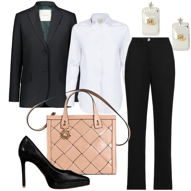 Outfit donna - Al maschile con i tacchi. Stile Mannish per Ufficio. Abbinamento con pantaloni, décolleté, borse a mano, orecchini, blazer, camicie.