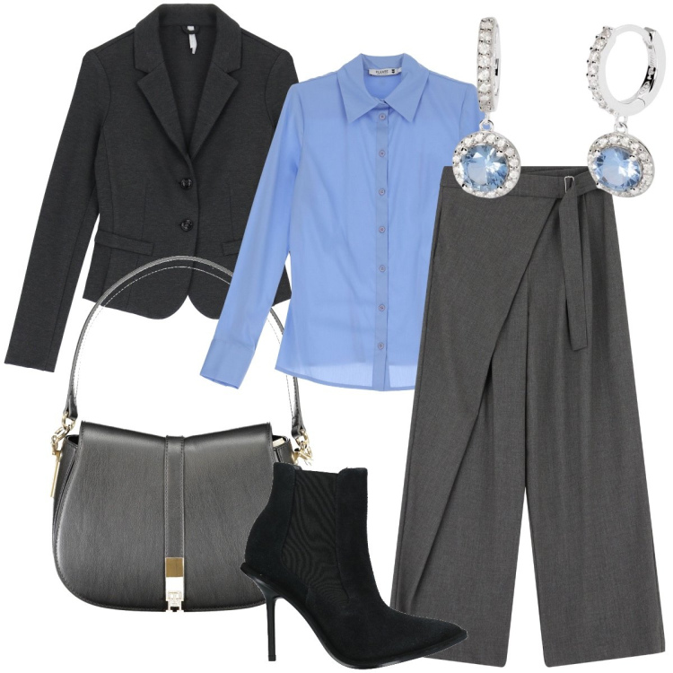 Outfit donna - Il pantalone a portafoglio. Stile Sexy per Ufficio. Abbinamento con stivaletti, camicie, orecchini, pantaloni, blazer, borse a spalla.