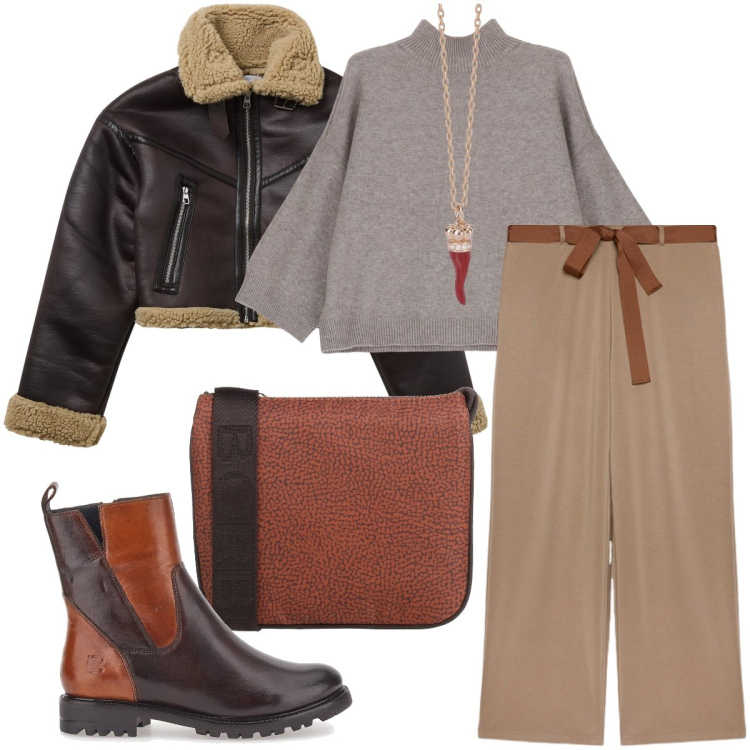 Outfit donna - Il portafortuna al collo. Stile Casual chic per Tutti i giorni. Abbinamento con borse a tracolla, blazer, collane, pullovers, stivaletti, pantaloni.