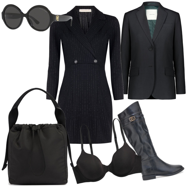Outfit donna - A colloquio col capo. Stile Urban per Ufficio. Abbinamento con vestiti a tubino, reggiseni, occhiali da sole, blazer, stivali sopra il ginocchio, borse a mano.