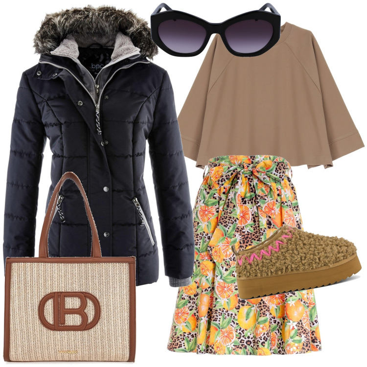 Outfit donna - La gonna a fiori in inverno. Stile Urban per Ufficio. Abbinamento con piumini, gonne longuette, felpe, stivaletti, borse a spalla, occhiali da sole.