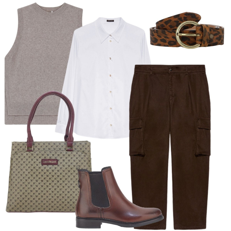 Outfit donna - I pantaloni in fustagno. Stile Casual chic per Ufficio. Abbinamento con gilet, cinture, stivaletti, pantaloni cargo, camicie, borse a spalla.