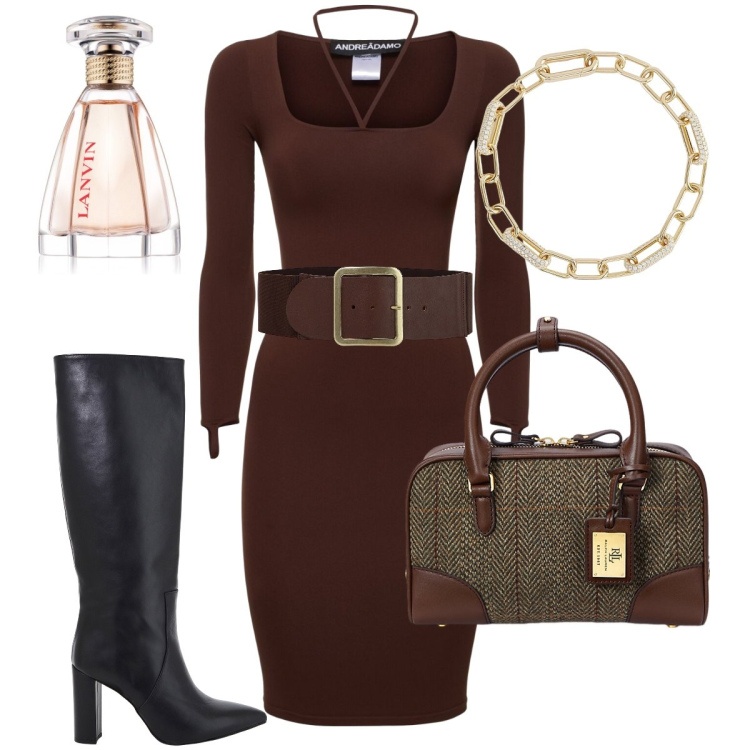 Outfit donna - La borsa bowling. Stile Sexy per Serata fuori. Abbinamento con profumi, braccialetti, cinture, stivali, borse a mano, vestiti midi/longuette.