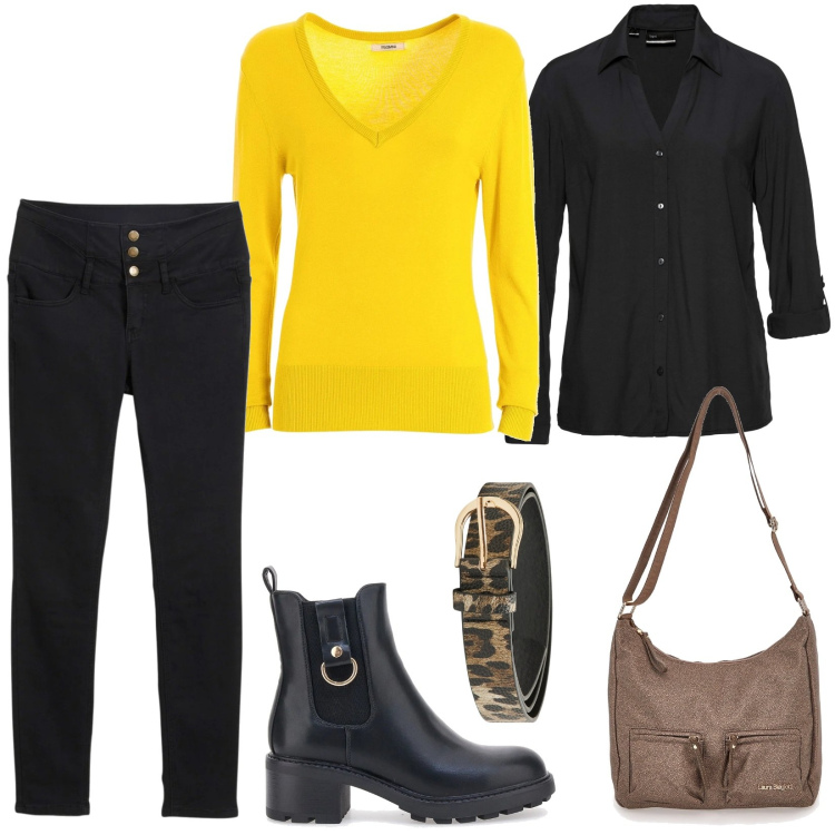 Outfit donna - Total look #2001756. Stile Casual per Ufficio. Abbinamento con camicie, jeans skinny, cinture, maglieria, stivaletti, borse a tracolla.