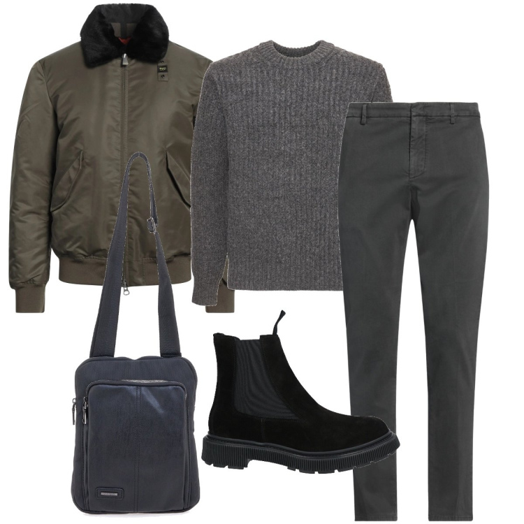 Outfit uomo - Il colletto impellicciato. Stile Urban per Ufficio. Abbinamento con stivali e stivaletti, pantaloni chino, giacche, portafogli, maglieria.
