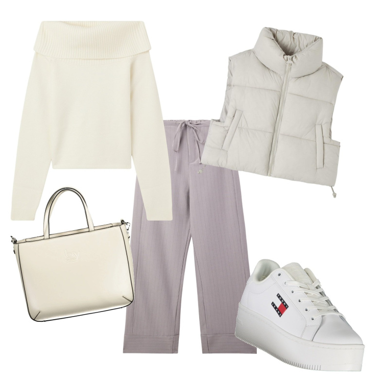 Outfit donna - Casual quotidiano. Stile Casual per Tutti i giorni. Abbinamento con maglieria, pantaloni, piumini, sneakers, borse a spalla.
