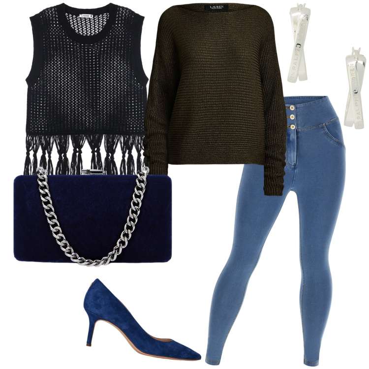 Outfit donna - Aperitivo in leggings. Stile Glamour per Serata fuori. Abbinamento con maglieria, jeggings, décolleté, maglieria, clutch, orecchini.