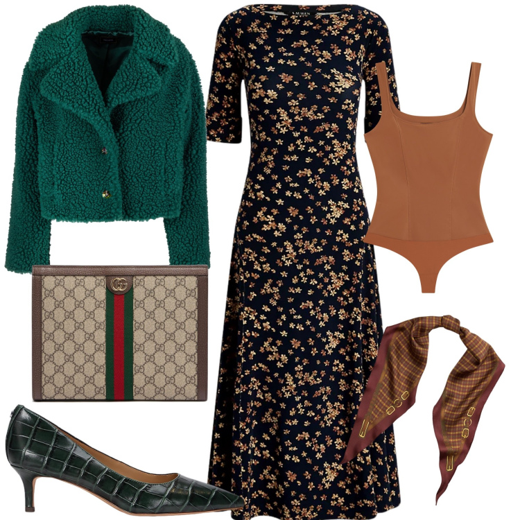 Outfit donna - Cena di compleanno. Stile Glamour per Serata fuori. Abbinamento con blazer, body, vestiti, foulard, décolleté, pochette.