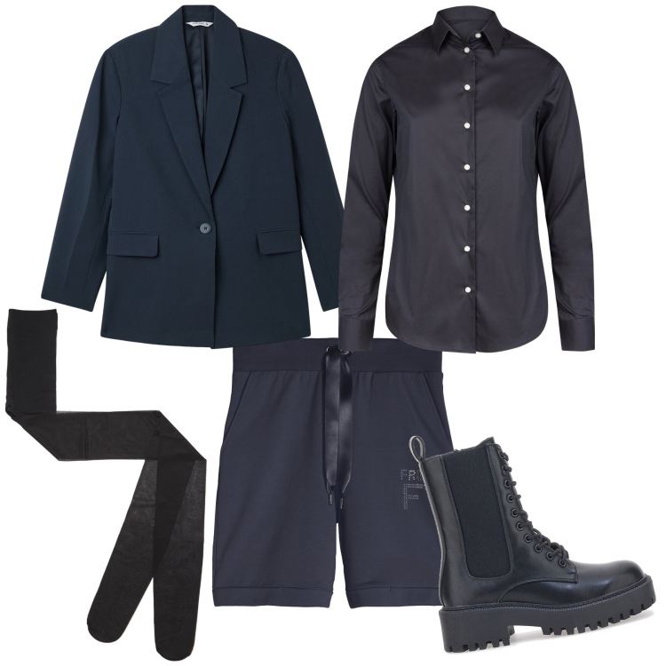 Outfit donna - Total look con bermuda d inverno. Stile Urban per Tutti i giorni. Abbinamento con blazer, collant, pantaloni corti, camicie, anfibi.