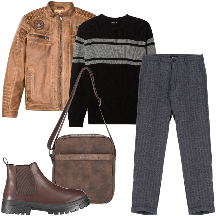 Outfit uomo - Il pantalone a fantasia. Stile Trendy per Ufficio. Abbinamento con giacche, maglieria, pantaloni, portafogli, stivali.