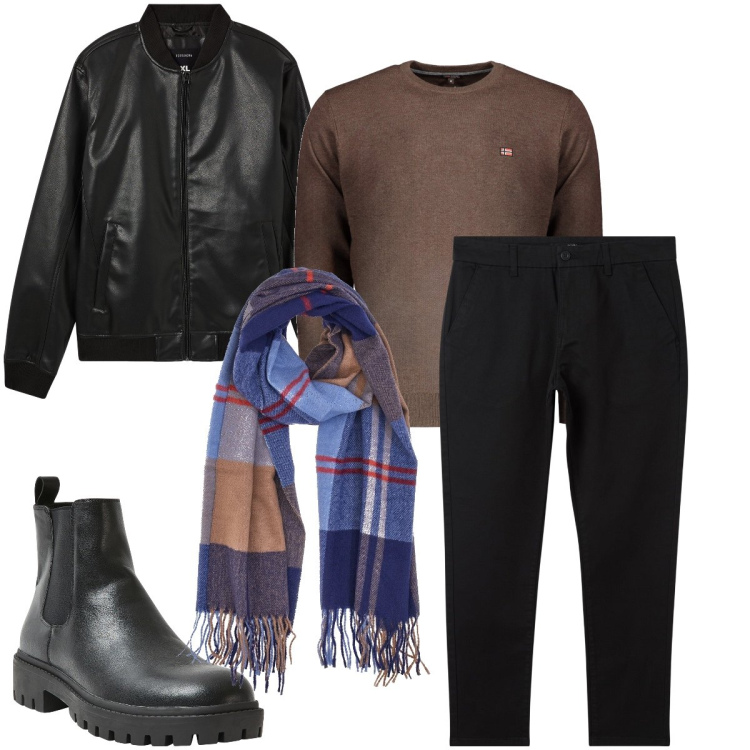 Outfit uomo - Con gli anfibi. Stile Biker Rock per Serata speciale. Abbinamento con pantaloni chino, bomber, stivali e stivaletti, sciarpe, maglieria.