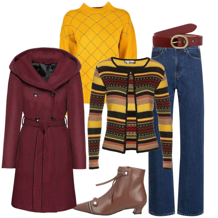 Outfit donna - Tex mex. Stile Etnico per Tutti i giorni. Abbinamento con cappotti, cardigans, stivaletti, maglieria, cinture, jeans dritti.