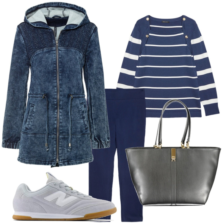 Outfit donna - Righe d\'autunno. Stile Glamour per Tutti i giorni. Abbinamento con parka, sneakers, borse a spalla, jeggings, maglieria.