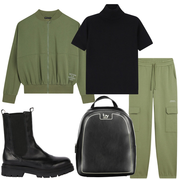 Outfit donna - Indossare il verde oliva. Stile Military per Scuola/Università. Abbinamento con maglieria, felpe, pantaloni cargo, zaini, stivaletti chelsea.