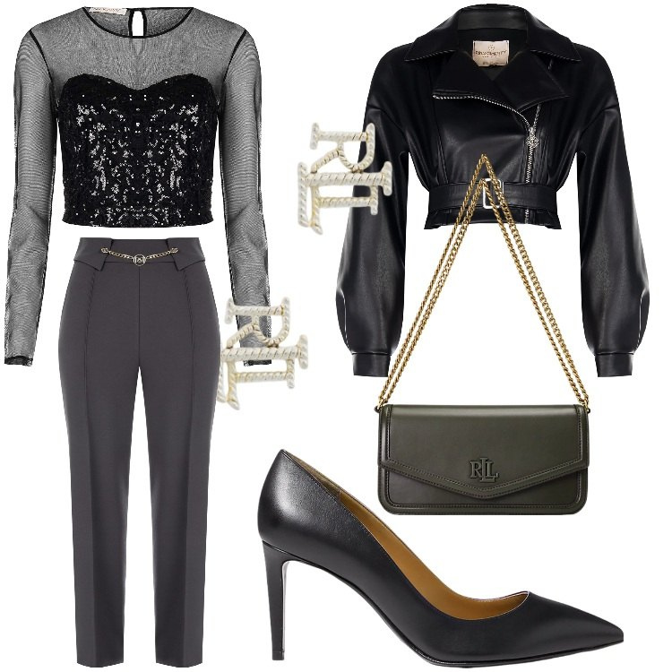 Outfit donna - Rinascimento black friday. Stile Rock per Serata fuori. look ideale per Tall. Abbinamento con top, giacche, pantaloni, orecchini, borse a spalla, décolleté.