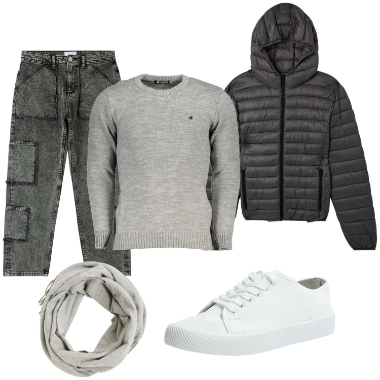 Outfit uomo - Grigio autunno. Stile Casual per Tutti i giorni. Abbinamento con sciarpe, sneakers, jeans, giacche, maglieria.