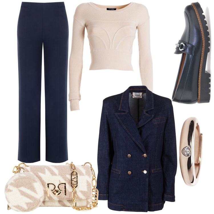 Outfit donna - Blue e cipria. Stile Basic per Ufficio. Abbinamento con anelli, pantaloni, borse a tracolla, maglieria, blazer, mocassini.