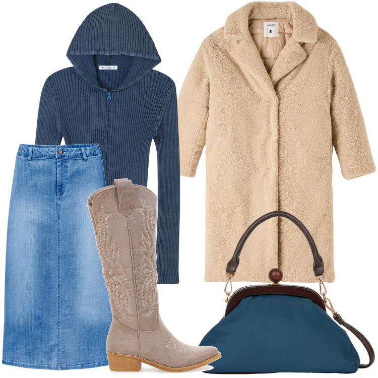 Outfit donna - Camperos e denim. Stile Glamour per Tutti i giorni. Abbinamento con gonne longuette, cappotti, cardigans, stivali, clutch.