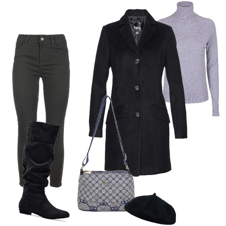 Outfit donna - Total look #2001865. Stile Casual per Tutti i giorni. Abbinamento con stivali, cappotti, jeans skinny, maglieria, cappelli e berretti, borse a tracolla.