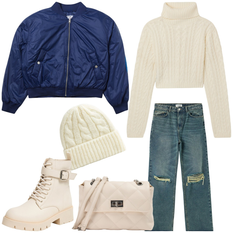 Outfit donna - Bianco e blu autunno. Stile Casual chic per Tutti i giorni. Abbinamento con jeans strappati, anfibi, borse a spalla, maglieria, berretti, bomber.