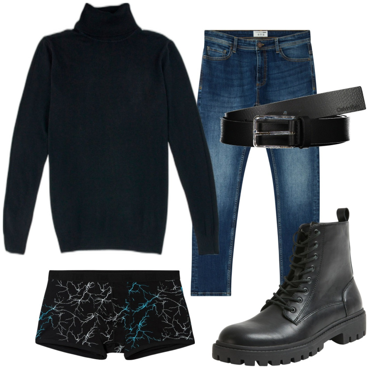 Outfit uomo - La prossima settimana shopping. Stile Casual per Tutti i giorni. Abbinamento con jeans skinny, boxer, anfibi, pullovers, cinture.