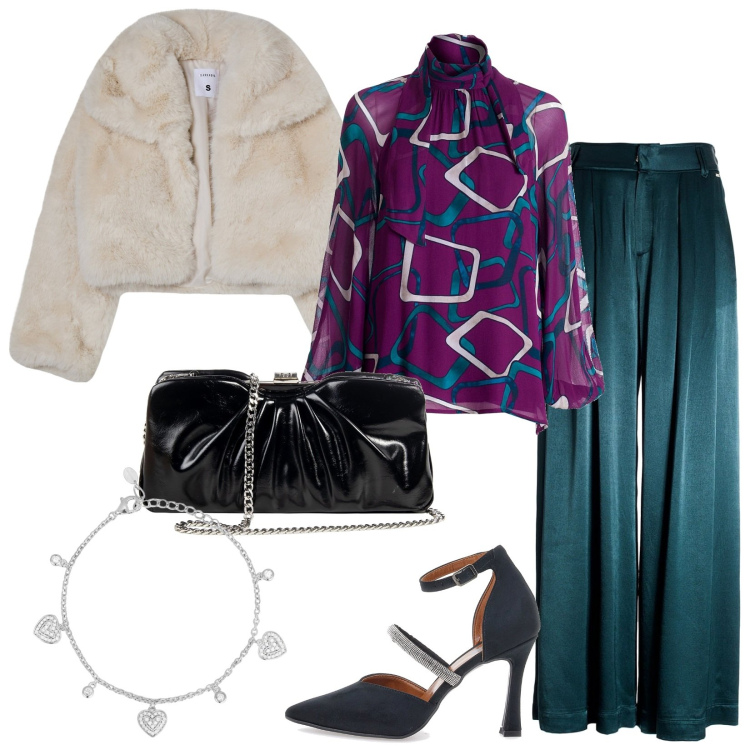 Outfit donna - Geometrie sulla blusa. Stile Glamour per Serata fuori. Abbinamento con blazer, braccialetti, pochette, bluse, pantaloni a palazzo, décolleté.