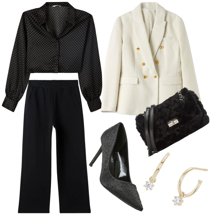 Outfit donna - Elegance. Stile Chic per Serata fuori. Abbinamento con camicie, décolleté, blazer, pantaloni, borse a spalla, orecchini.