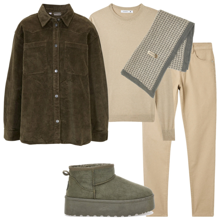 Outfit donna - In città. Stile Casual per Scuola/Università. Abbinamento con blazer, pantaloni skinny, maglieria, stivaletti, foulard.