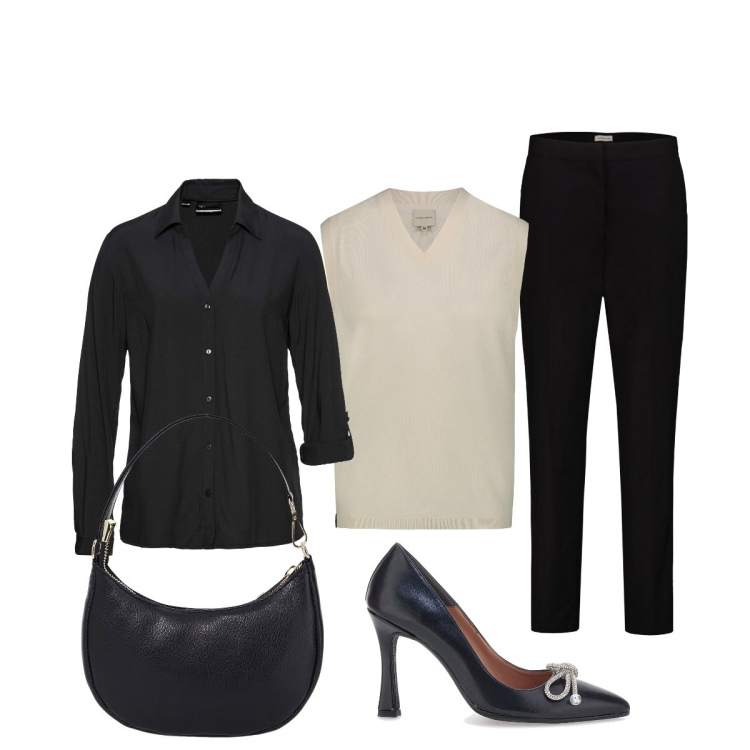 Outfit donna - Mannish in ufficio. Stile Mannish per Ufficio. Abbinamento con camicie, borse a spalla, maglieria, pantaloni, décolleté.