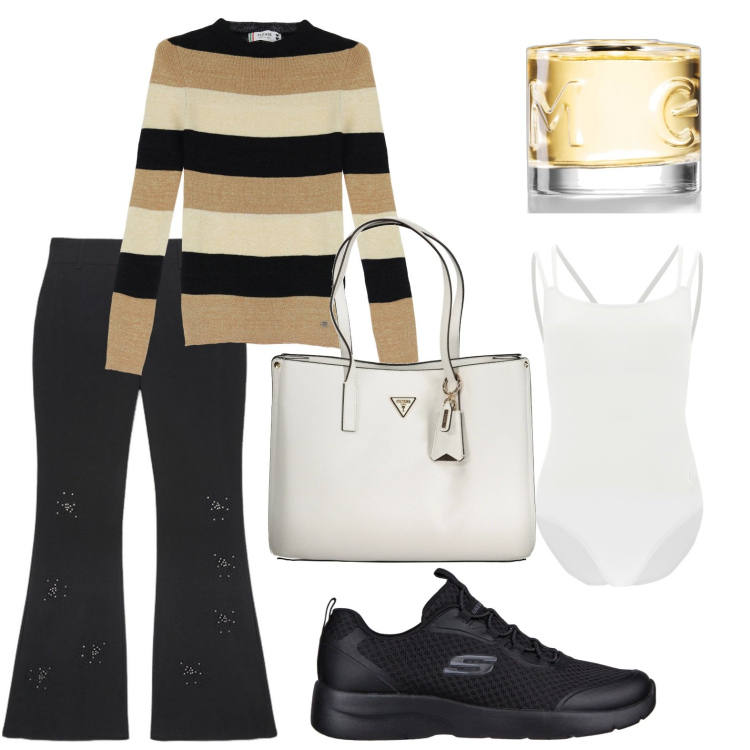 Outfit donna - La borsa per la donna moderna. Stile Bon Ton per Tutti i giorni. Abbinamento con profumi, pullovers, body, pantaloni, sneakers, borse a spalla.