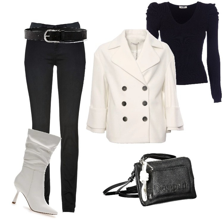 Outfit donna - Black & White. Stile Trendy per Tutti i giorni. Abbinamento con jeans skinny, cinture, maglieria, cappotti, stivali, borse a tracolla.