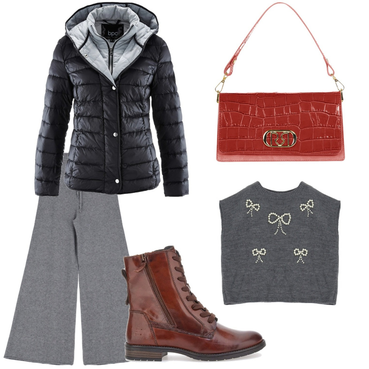 Outfit donna - Giornata easy. Stile Minimal per Tutti i giorni. Abbinamento con piumini, borse a tracolla, pantaloni, maglieria, anfibi.