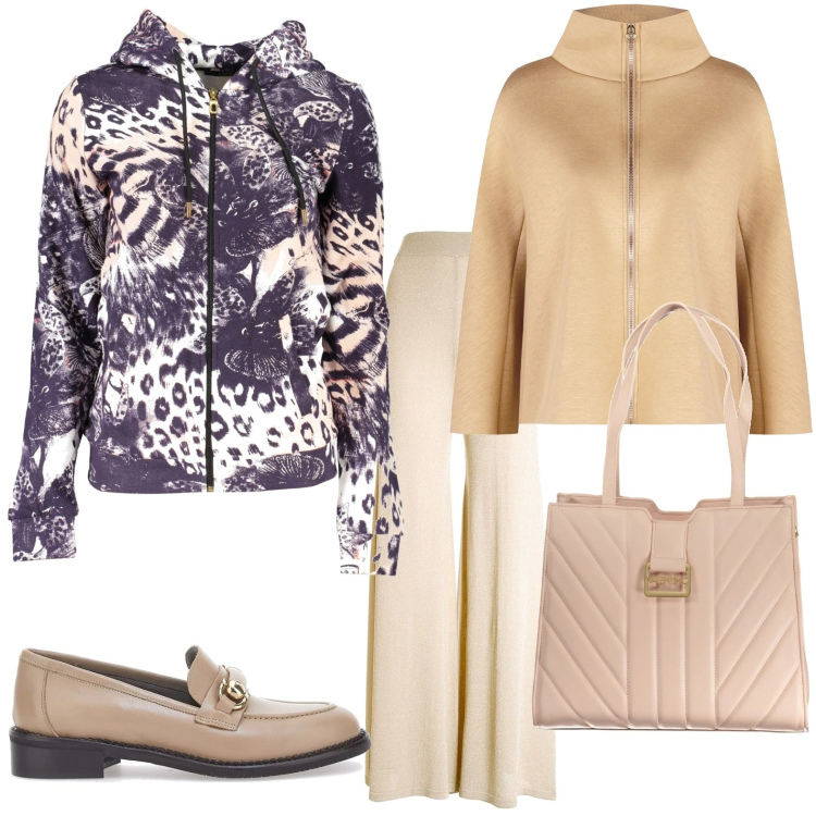 Outfit donna - Classe inimitabile. Stile Bon Ton per Ufficio. Abbinamento con cappe, pantaloni a palazzo, mocassini, felpe con cappuccio, borse a spalla.