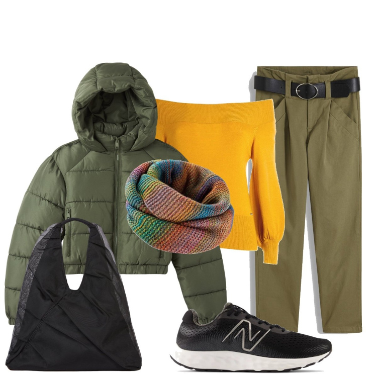 Outfit donna - Il bomberino verde. Stile Casual chic per Tutti i giorni. Abbinamento con foulard, pantaloni, blazer, sneakers, maglieria, shopping bag.