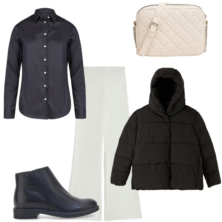 Outfit donna - Classico bianco e nero. Stile Bon Ton per Scuola/Università. Abbinamento con piumini, borse a tracolla, pantaloni, stivaletti, camicie.