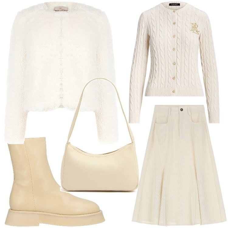 Outfit donna - Total white. Stile Casual chic per Serata fuori. Abbinamento con stivaletti, cappotti, gonne longuette, cardigans, borse a spalla.