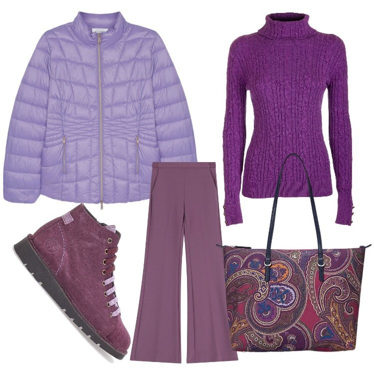 Outfit donna - Viola mandala. Stile Casual per Tutti i giorni. Abbinamento con maglieria, pantaloni, borse tote, scarpe stringate, piumini.