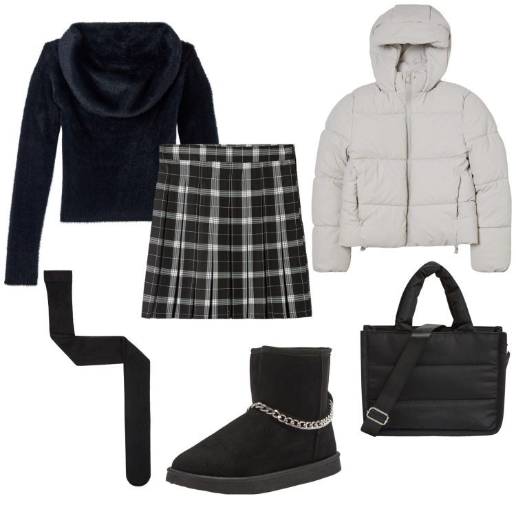 Outfit donna - Total look #2001941. Stile Casual chic per Ufficio. Abbinamento con shopping bag, minigonne, maglieria, blazer, stivaletti, collant.