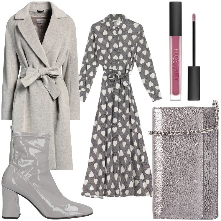Outfit donna - Con il cuore. Stile Chic per Serata fuori. Abbinamento con stivaletti, cappotti, rossetti, vestiti lunghi, borse a spalla.