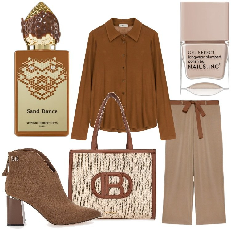 Outfit donna - Sand dance. Stile Chic per Serata fuori. Abbinamento con profumi, smalti, camicie, stivaletti, borse a spalla, pantaloni.